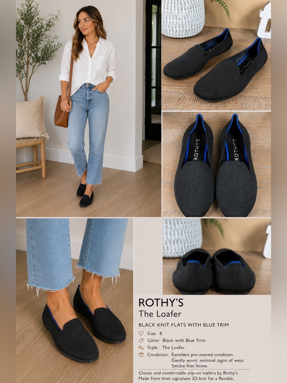 Rothy's The Loafer Round Toe Flat
Lightweight Solid Black Knit Blue Trim
Size 8